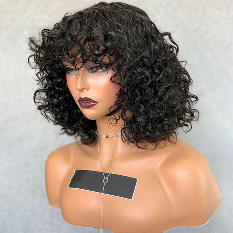 Loose Curly Bob Human Hair Wig with Bangs