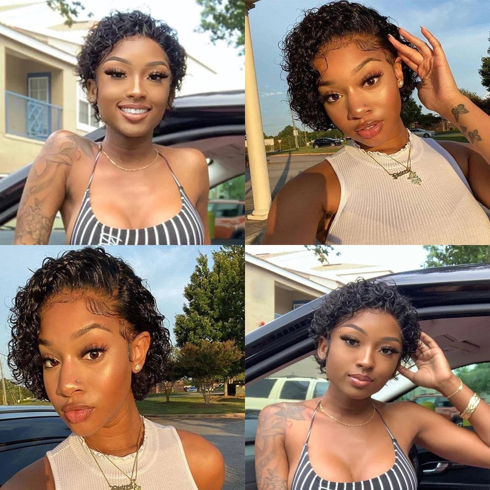 T Lace Glueless Human Hair Pixie Curl wig
