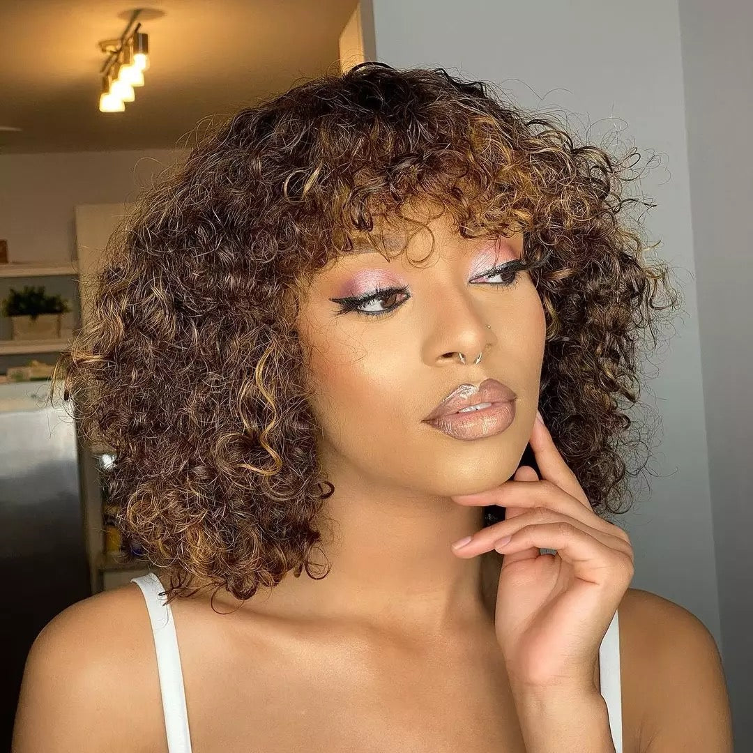 Loose Curly Bob Human Hair Wig with Bangs