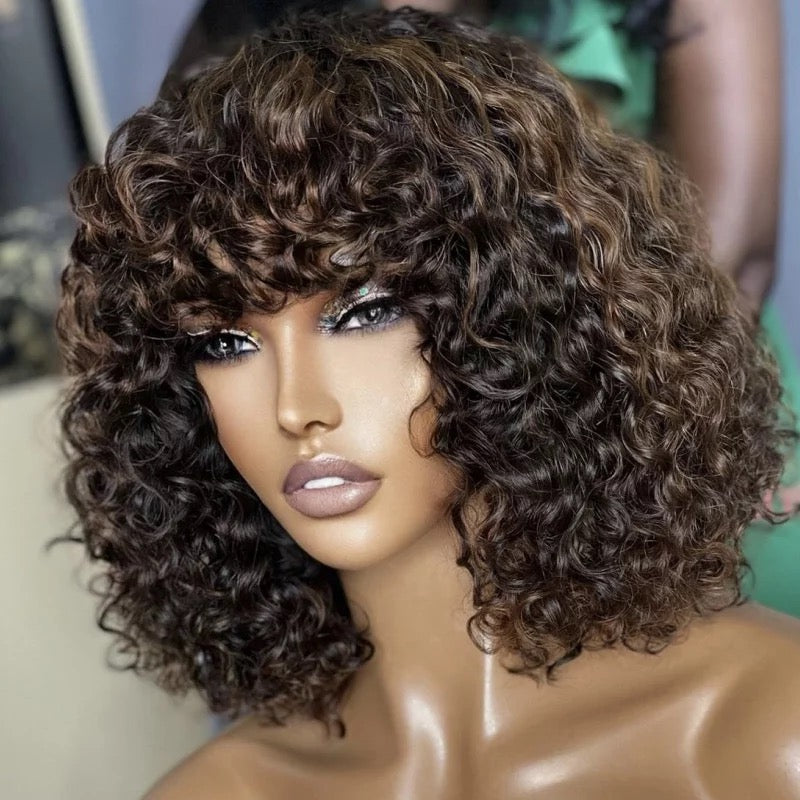 Loose Curly Bob Human Hair Wig with Bangs