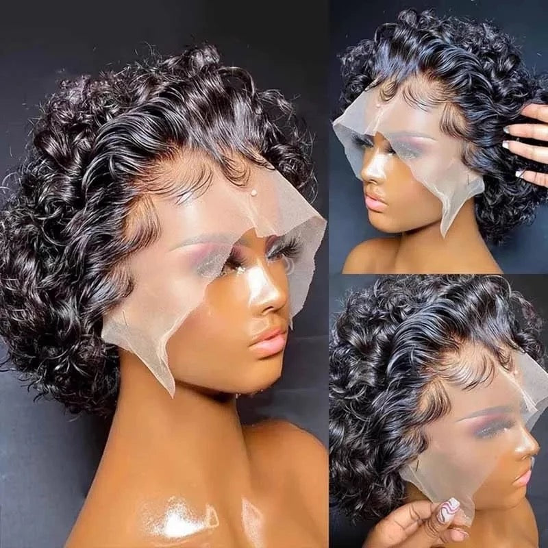 T Lace Glueless Human Hair Pixie Curl wig