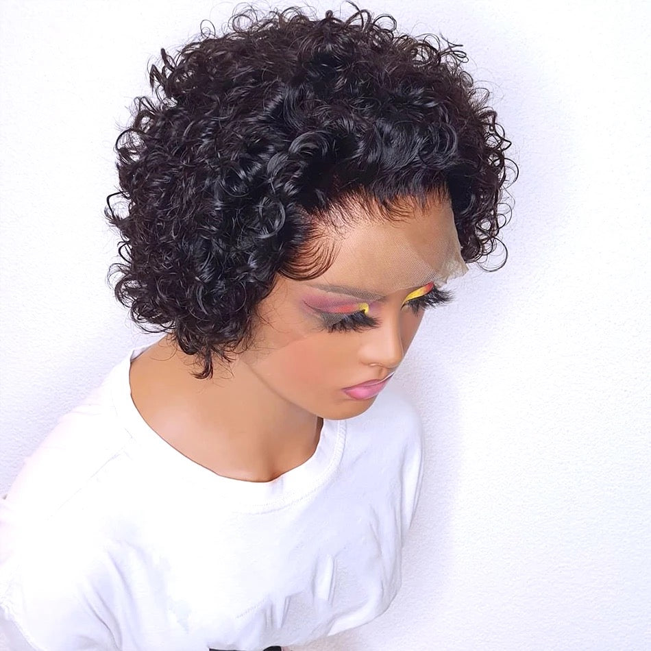 T Lace Glueless Human Hair Pixie Curl wig