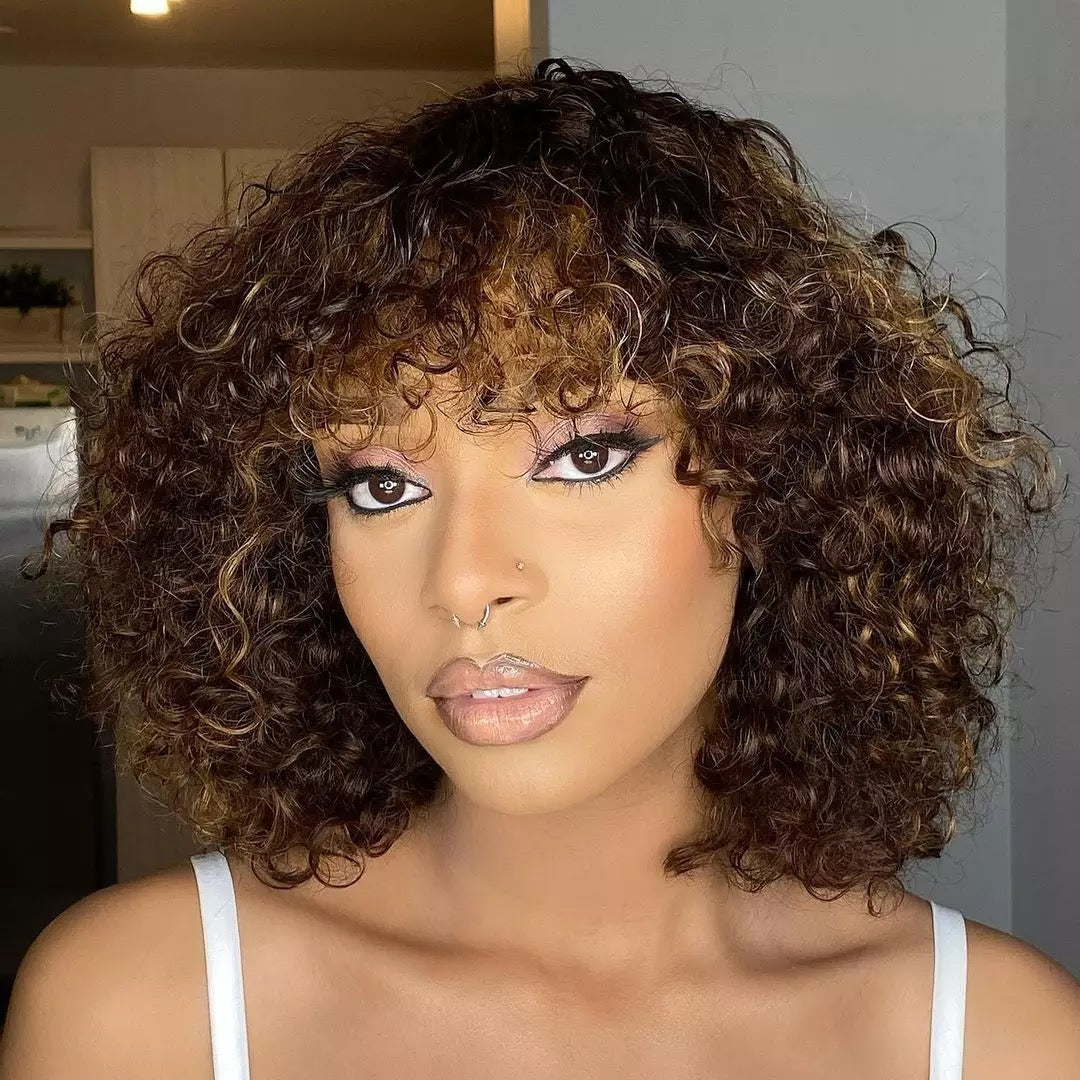 Loose Curly Bob Human Hair Wig with Bangs