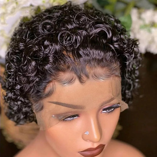 T Lace Glueless Human Hair Pixie Curl wig